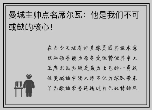 曼城主帅点名席尔瓦：他是我们不可或缺的核心！