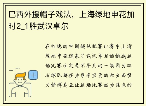 巴西外援帽子戏法，上海绿地申花加时2_1胜武汉卓尔